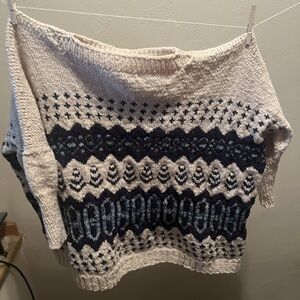 Cozy HAND Knit Patterned Sweater - Cream and Blue
